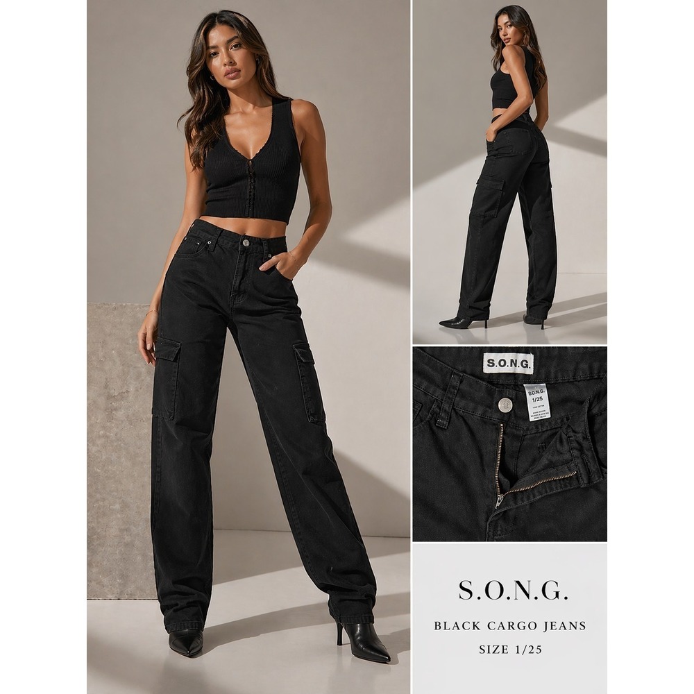 S.O.N.G Black Cargo Jeans Women Size 1/25 High Rise Utility Pants Y2K Grunge